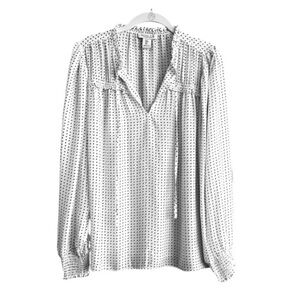 Rachel Zoe Long Sleeve Split Neck Blouse Dotted White Black Size S